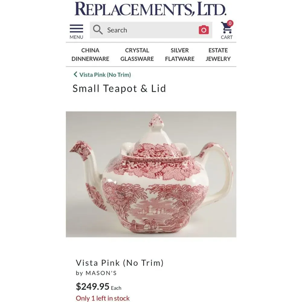 Mason's Vista Pink Red Transfer Teapot & Lid England Vintage $250.00